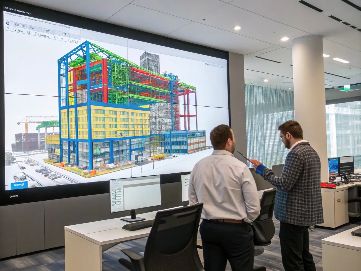 A digital illustration of a building information model (BIM) with various data points and annotations, representing the integration of different software solutions for AEC projects.