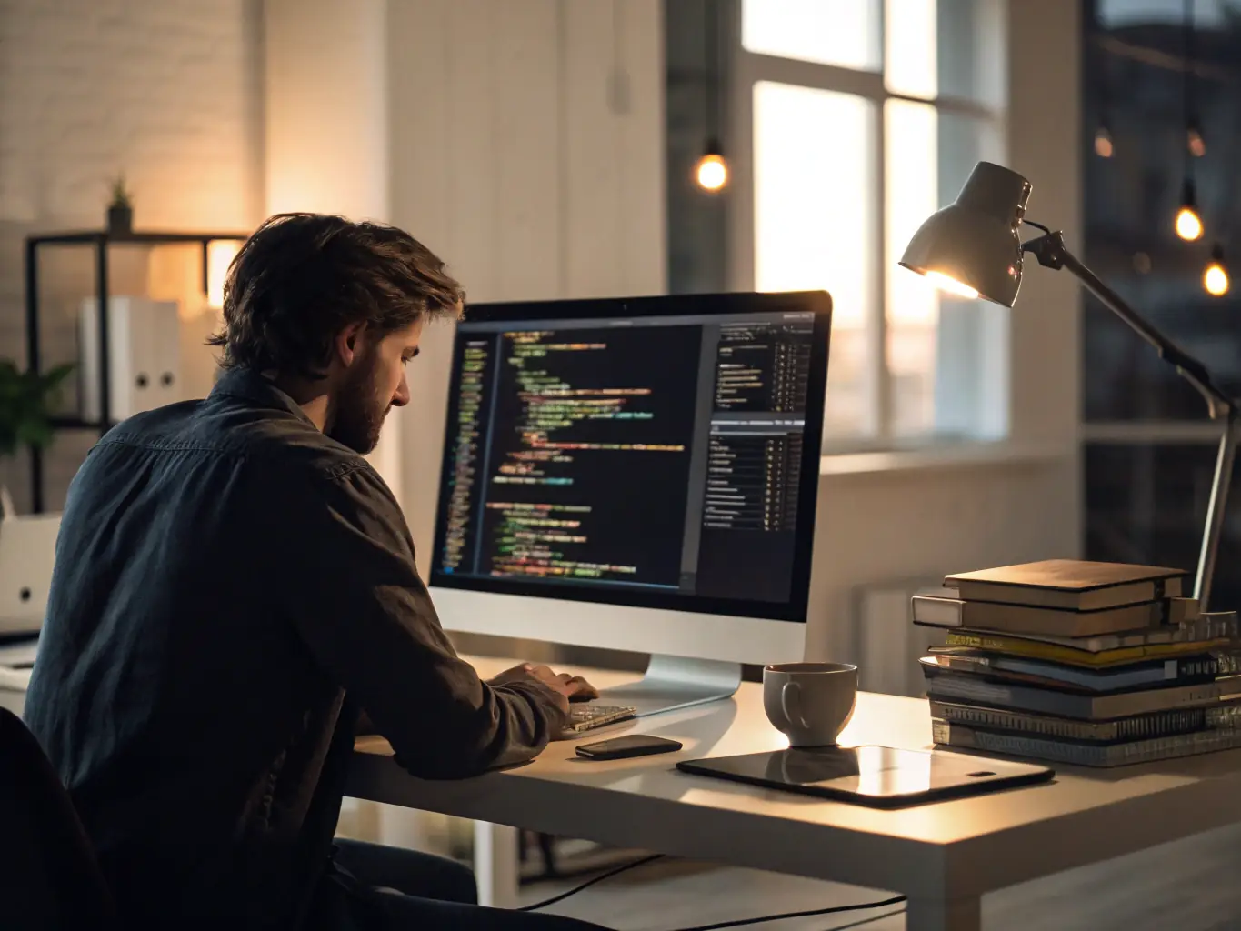 A software developer working on a complex plugin interface, showcasing lines of code and visual representations of the plugin's functionality within a Revit environment.