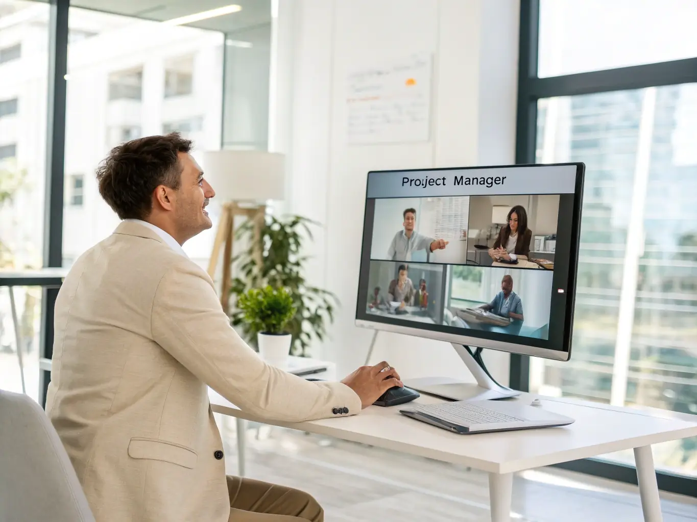 A project manager presenting a software integration plan to a client, using a digital whiteboard to illustrate the seamless integration of the new software with existing systems.