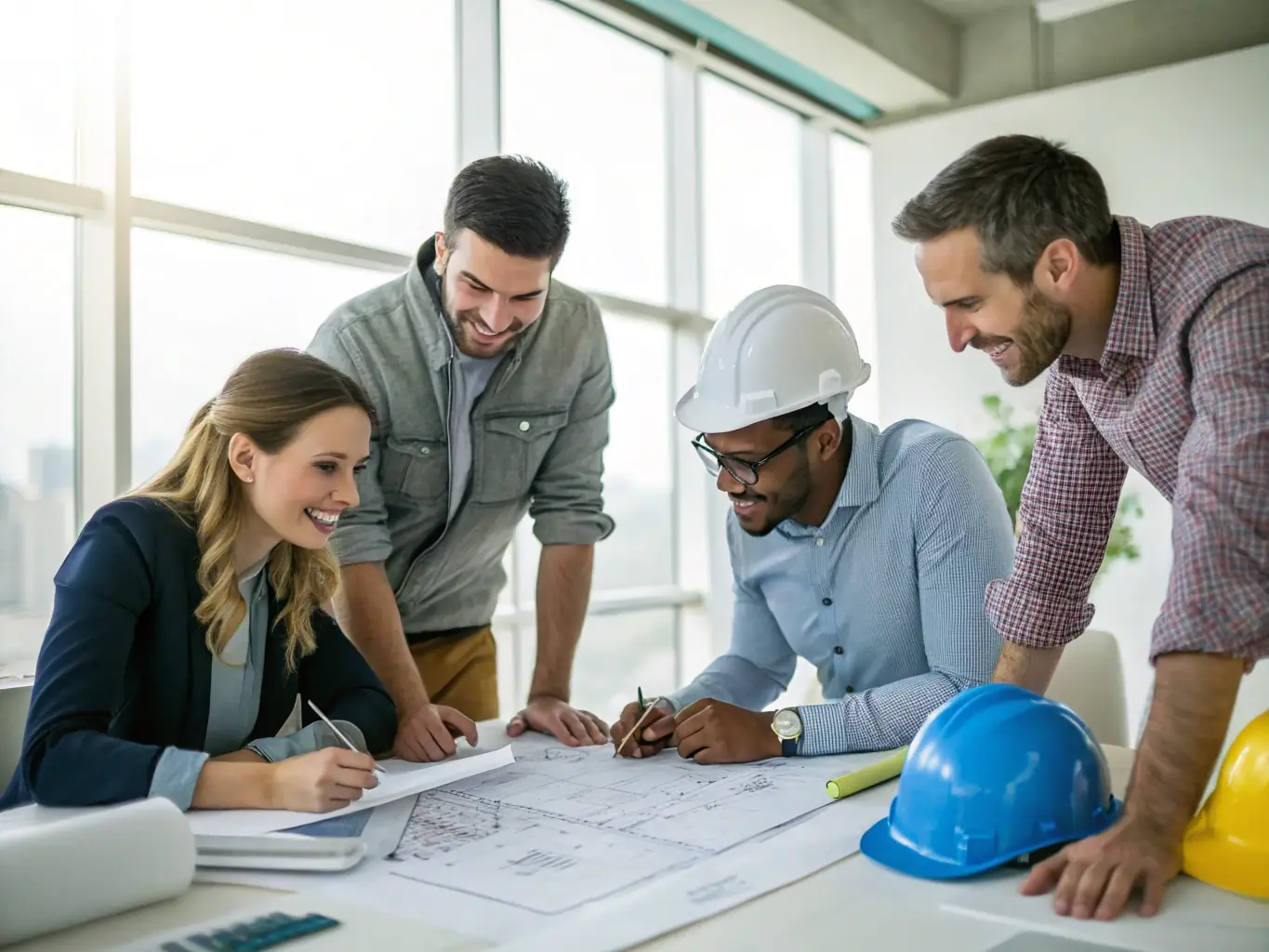 A diverse team of software developers, architects, and construction engineers collaborating around a table, reviewing project blueprints and discussing software integration strategies for a new construction project.